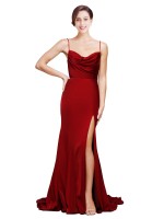 Cheap Cowl Front Neck Sweep Train Stretch Satin Prom Dresses with High Side Split