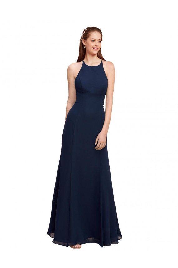 Cheap High Halter Fit and Flare Long Chiffon Prom Dress with Criss Cross Low Back