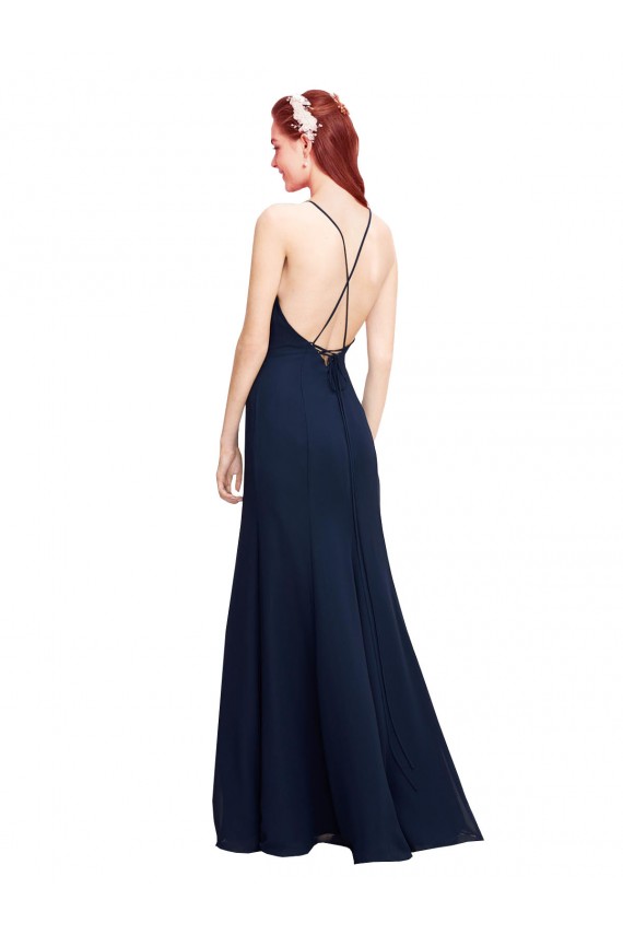 Cheap High Halter Fit and Flare Long Chiffon Prom Dress with Criss Cross Low Back