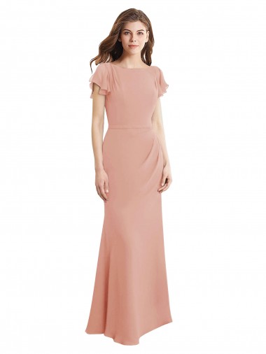 Cheap Cap Sleeves Long Chiffon Prom Dress with Low V-Back