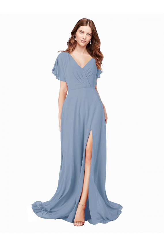 Cheap Chiffon Prom Dress with Flutter Sleeves and Front Slit