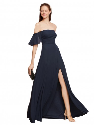 Cheap Off the Shoulder Floaty Sleeves Chiffon Prom Dress with High Slit