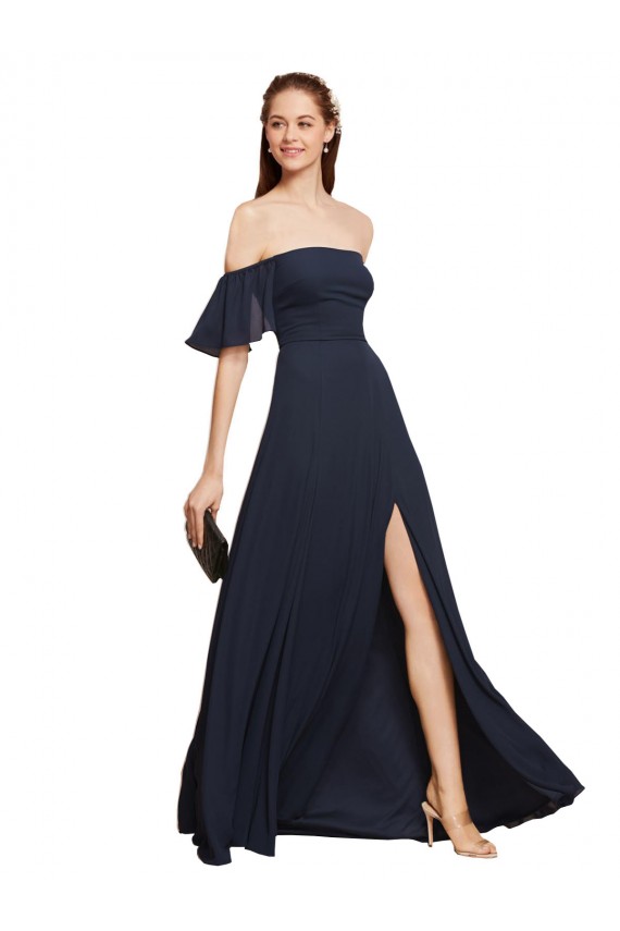 Cheap Off the Shoulder Floaty Sleeves Chiffon Prom Dress with High Slit