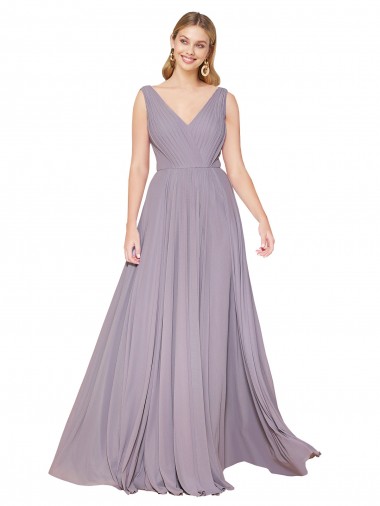 Cheap Draped Floor Length High Neck V-Back Chiffon Prom Dress with Shirred Bodice