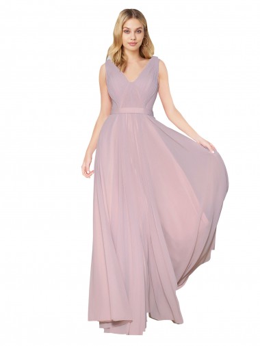 Cheap Draped V-Neck Long Chiffon Prom Dress with Shirred Bodice