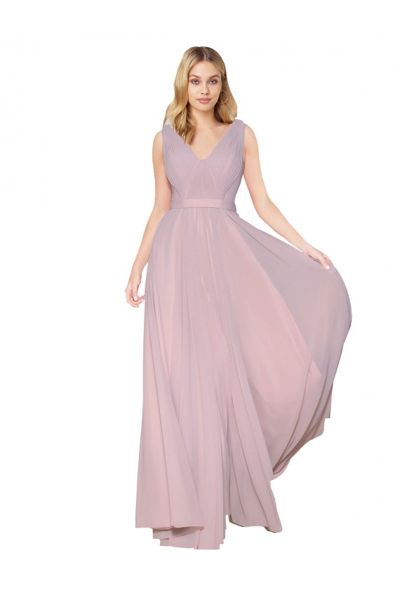 Cheap Draped V-Neck Long Chiffon Prom Dress with Shirred Bodice