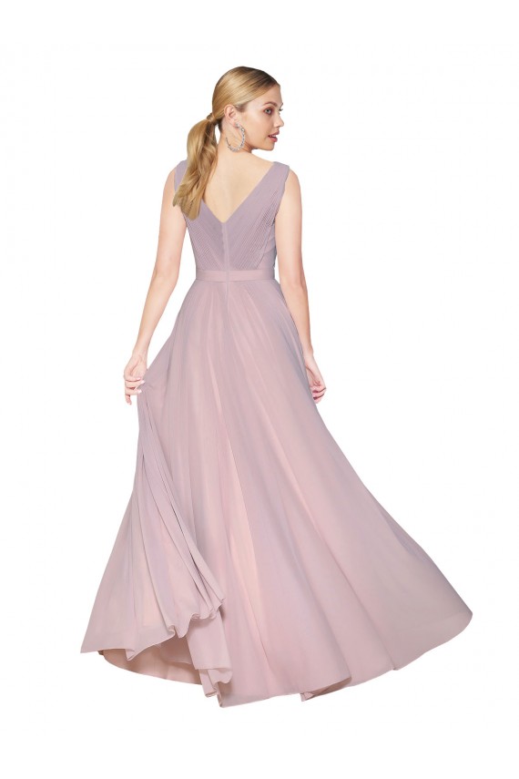 Cheap Draped V-Neck Long Chiffon Prom Dress with Shirred Bodice
