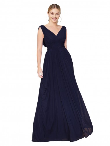 Cheap Draped Long V-Neck Floor Length Chiffon Prom Dress