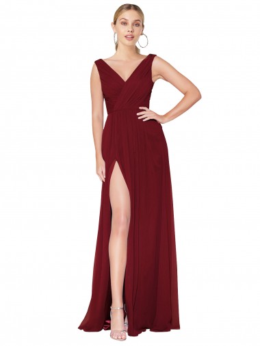 Cheap Draped Mermaid Long V-Neck Chiffon Prom Dress with High Slit