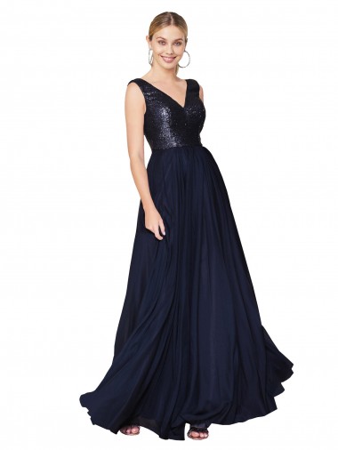 Cheap High Neck V-Neck Long Chiffon Prom Dress with Sequin Top