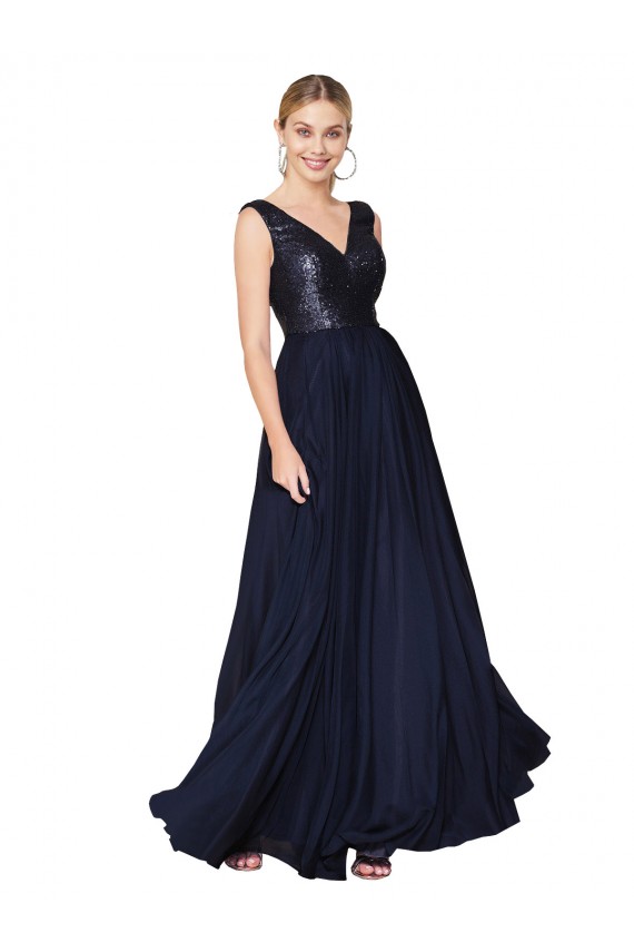 Cheap High Neck V-Neck Long Chiffon Prom Dress with Sequin Top