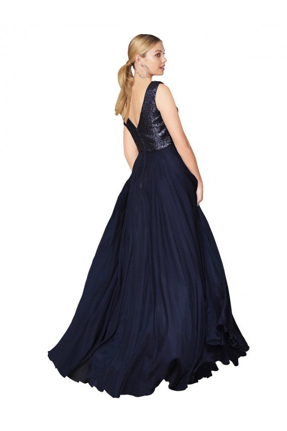 Cheap High Neck V-Neck Long Chiffon Prom Dress with Sequin Top