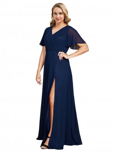 Cheap Chiffon V-Neck Short Sleeves Long Prom Dress with High Slit