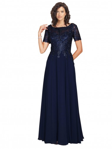 Cheap Short Sleeves A-Line Long Chiffon Prom Dress with Beaded Bodice