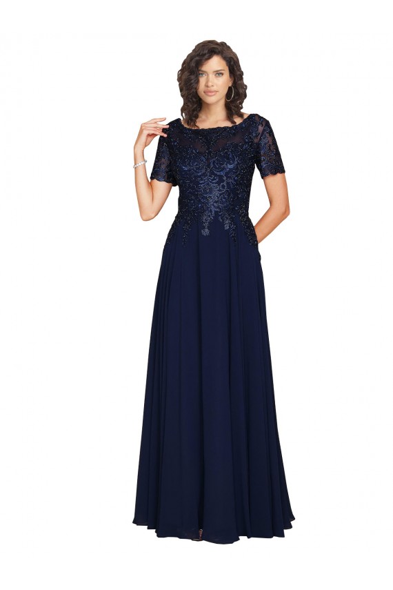 Cheap Short Sleeves A-Line Long Chiffon Prom Dress with Beaded Bodice