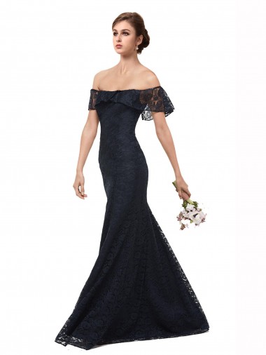 Cheap Off the Shoulder Long Lace Prom Dress with Flutter Sleeves