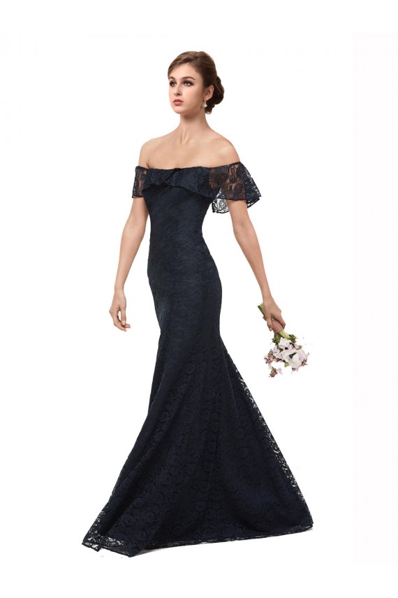 Cheap Off the Shoulder Long Lace Prom Dress with Flutter Sleeves
