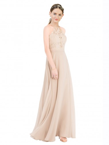 Cheap High Halter Neck Illusion Lace Prom Dress with Chiffon Skirt and Keyhole Back