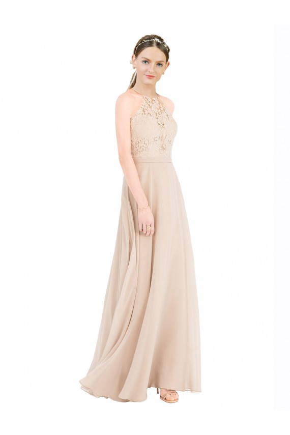 Cheap High Halter Neck Illusion Lace Prom Dress with Chiffon Skirt and Keyhole Back