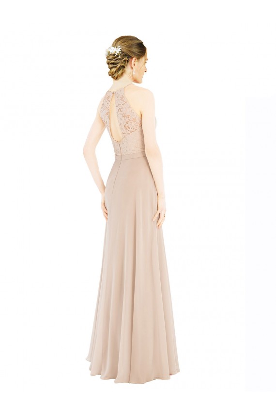 Cheap High Halter Neck Illusion Lace Prom Dress with Chiffon Skirt and Keyhole Back
