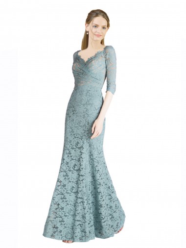 Cheap Half Sleeves Pleated Lace Prom Dress with Wrap-Around Portrait Neckline
