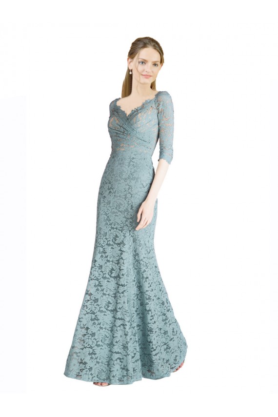 Cheap Half Sleeves Pleated Lace Prom Dress with Wrap-Around Portrait Neckline