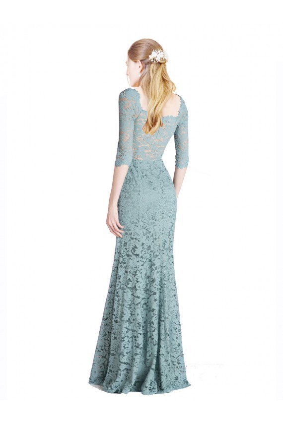 Cheap Half Sleeves Pleated Lace Prom Dress with Wrap-Around Portrait Neckline