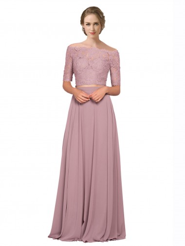 Cheap Off the Shoulder Lace Crop Top A-Line Chiffon Prom Dress