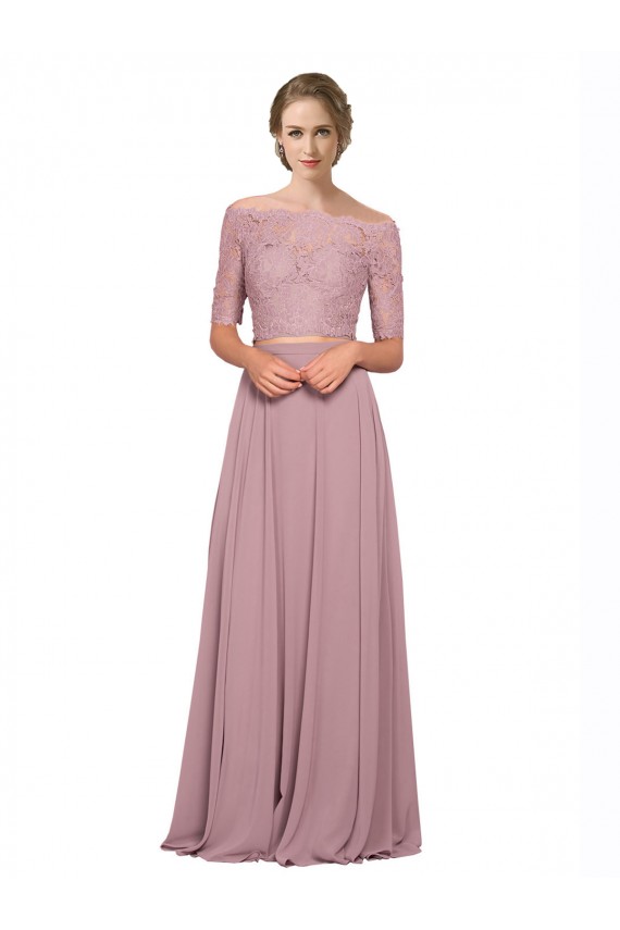 Cheap Off the Shoulder Lace Crop Top A-Line Chiffon Prom Dress