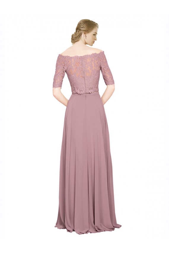 Cheap Off the Shoulder Lace Crop Top A-Line Chiffon Prom Dress