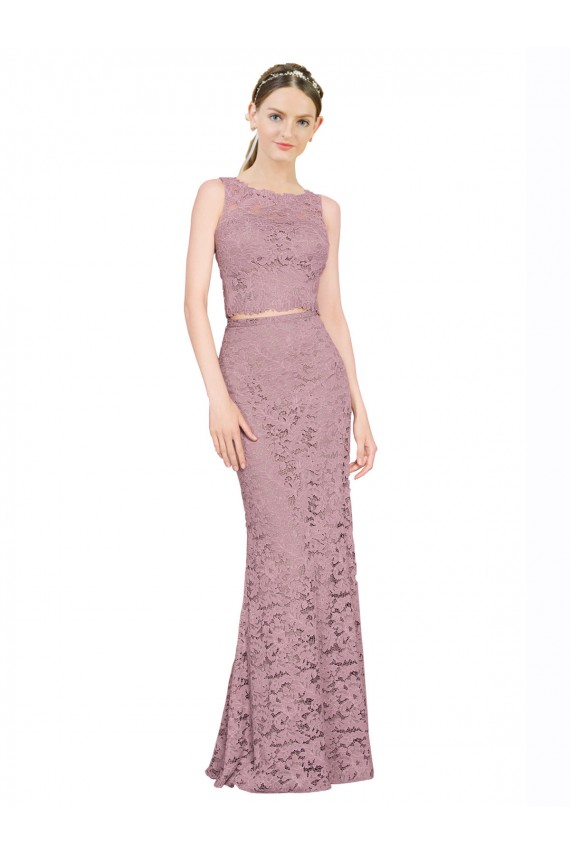 Cheap Sleeveless Crop Top High Neck Mermaid Lace Prom Dress