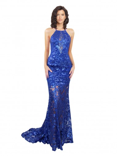 Cheap High Neck Long Open Back Lace Prom Dress with Train