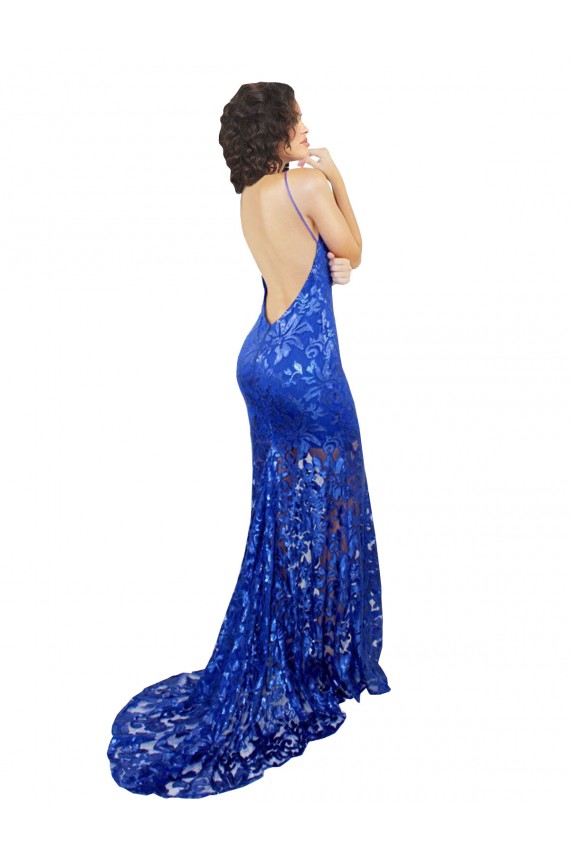 Cheap High Neck Long Open Back Lace Prom Dress with Train