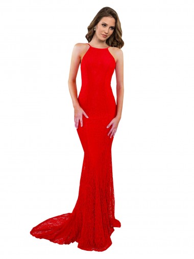 Cheap High Neck Long Lace Prom Dress with Open Back Straps