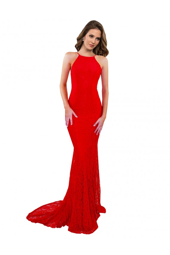 Cheap High Neck Long Lace Prom Dress with Open Back Straps