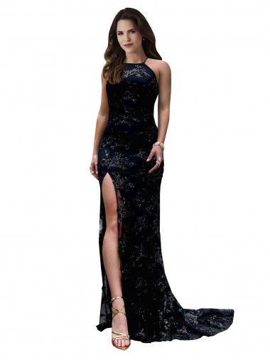 Cheap High Neckline Lace Open Back Prom Dress with High Slit