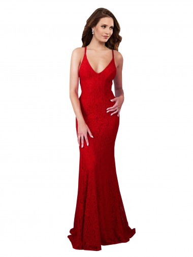 Cheap Low Back V-Neckline Floor Length Lace Prom Dress