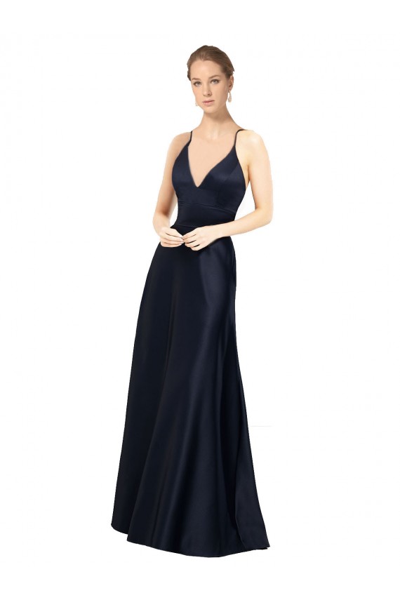 Cheap Sexy Satin Prom Dress with Deep V-Neckline and Strappy Back