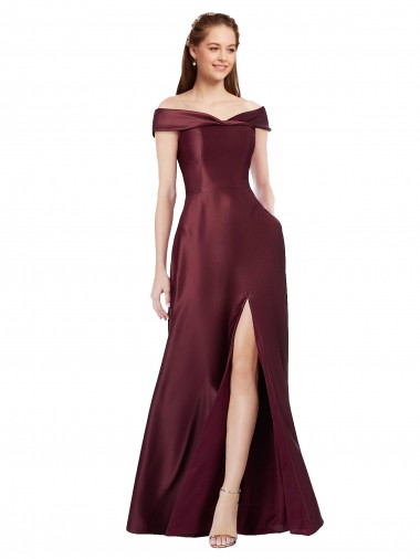 Cheap Long Off the Shoulder Satin Prom Dress with Thigh-high Slit