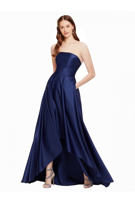 Cheap High Low Strapless Satin Prom Dress with Pockets