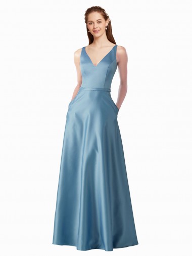 Cheap Classic Satin V-Neck A-Line Prom Dress with Pockets
