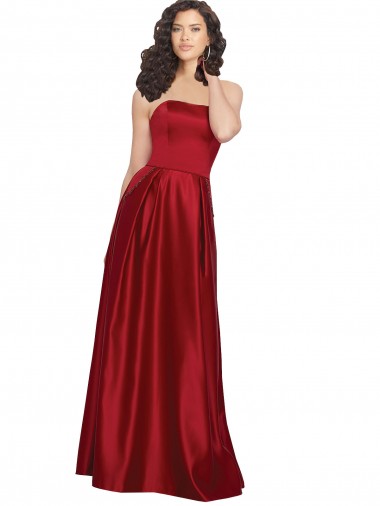 Cheap Strapless Satin Prom Dress with Beaded Pocket and Soft Pleating