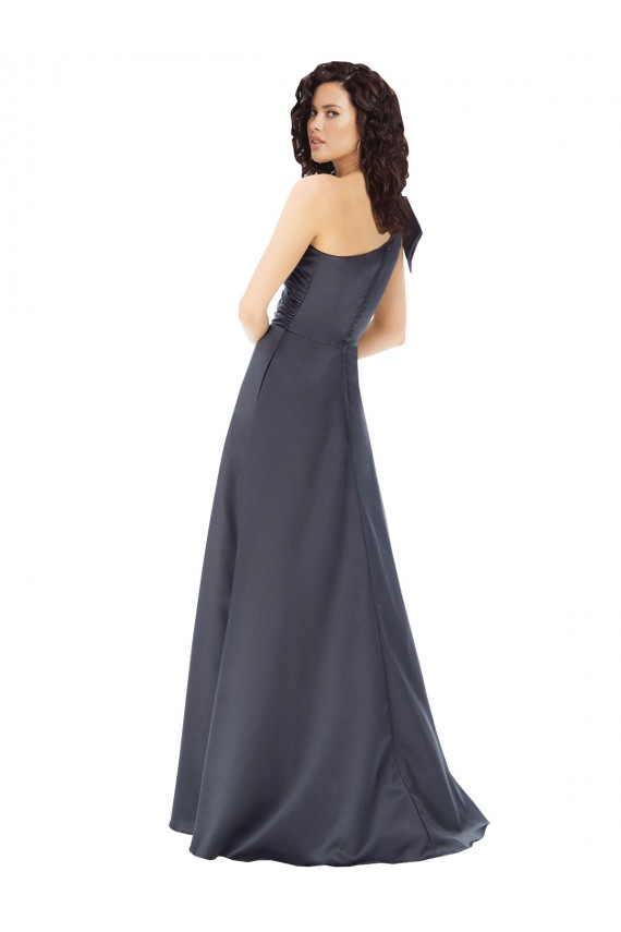 Cheap Rouched One Shoulder Floor Length Satin Prom Dress with Bow