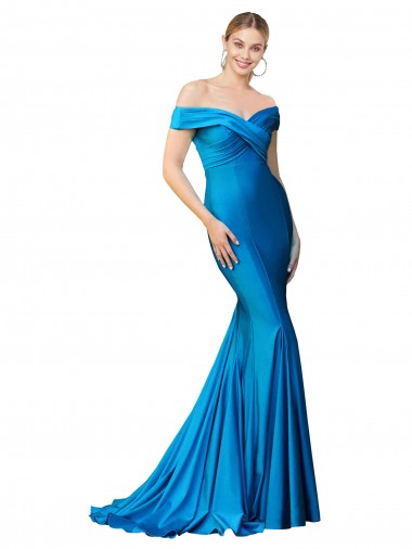 Cheap Off the Shoulder Long Chapel Train Satin Prom Dress