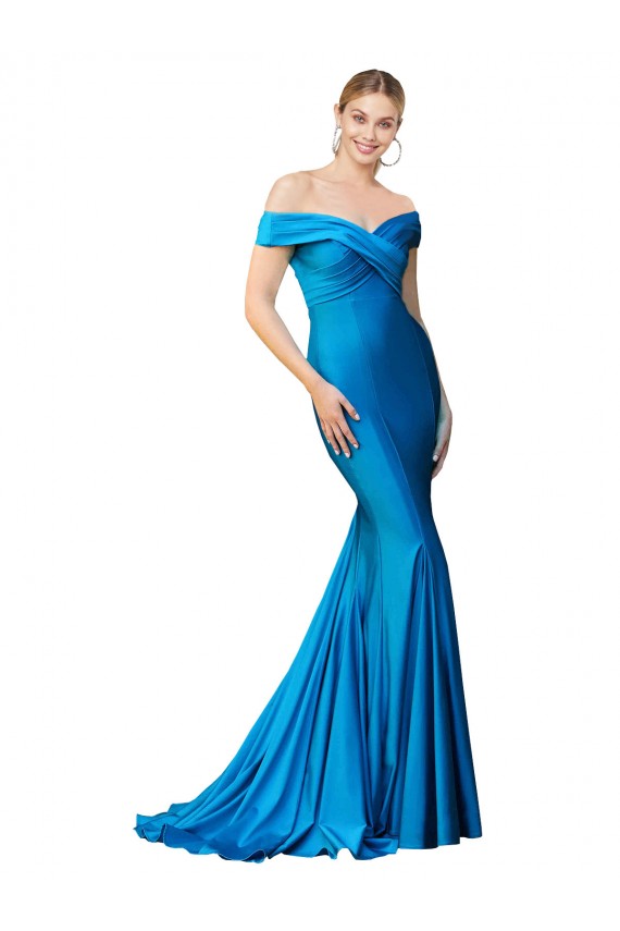 Cheap Off the Shoulder Long Chapel Train Satin Prom Dress