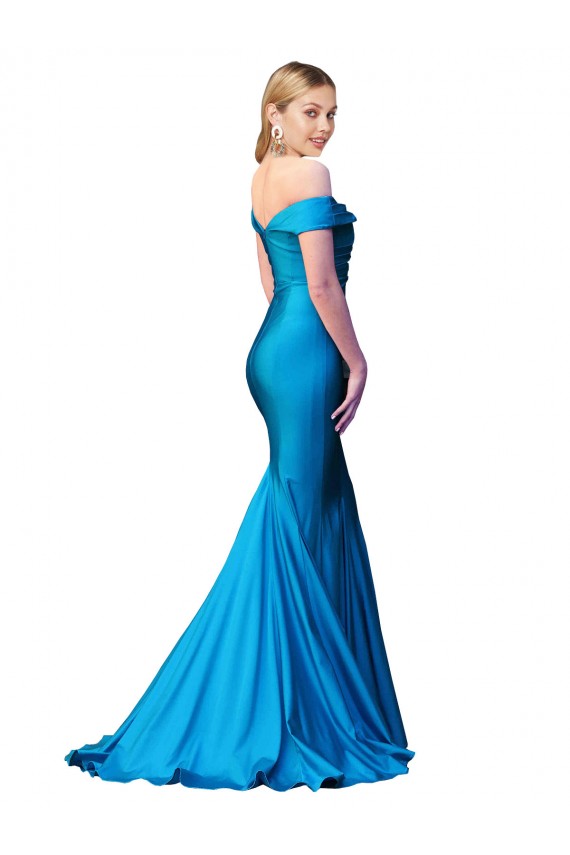 Cheap Off the Shoulder Long Chapel Train Satin Prom Dress