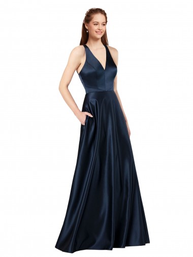 Cheap Long Satin Prom Dress with Halter Neckline