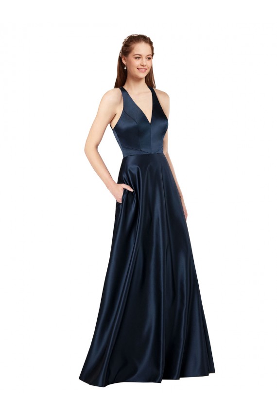 Cheap Long Satin Prom Dress with Halter Neckline
