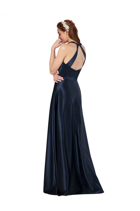 Cheap Long Satin Prom Dress with Halter Neckline