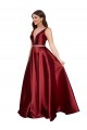 Cheap Sleeveless Deep V-Neck A-Line Satin Prom Dress with Pockets